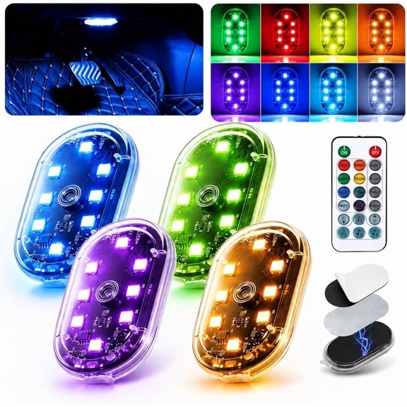 4 count LED Interior Lights - 8 Colors RGB Ambient Lighting with Remote & Control, USB Rechargeable Portable Strobe Nightlight for Footwell Door Glove Box - SUV