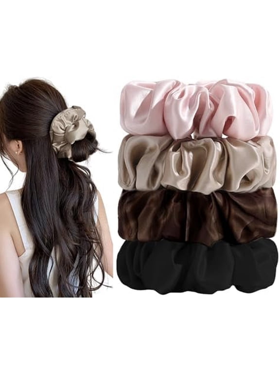4 count Large Pillow Scrunchies,Sleep Scrunchies for Women,Big Hair Scrunchies for Thick Hair,Filling Satin Hair Tie No ,Heatless Curling Scrunchies,Satin Ponytail Holders(4PCS,A)