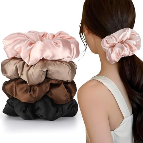 4 count Large Satin Hair Scrunchies, Big Pillow Scrunchies for Women Girls Silk Sleepy Scrunchie Ponytail Holders for Thick Hair