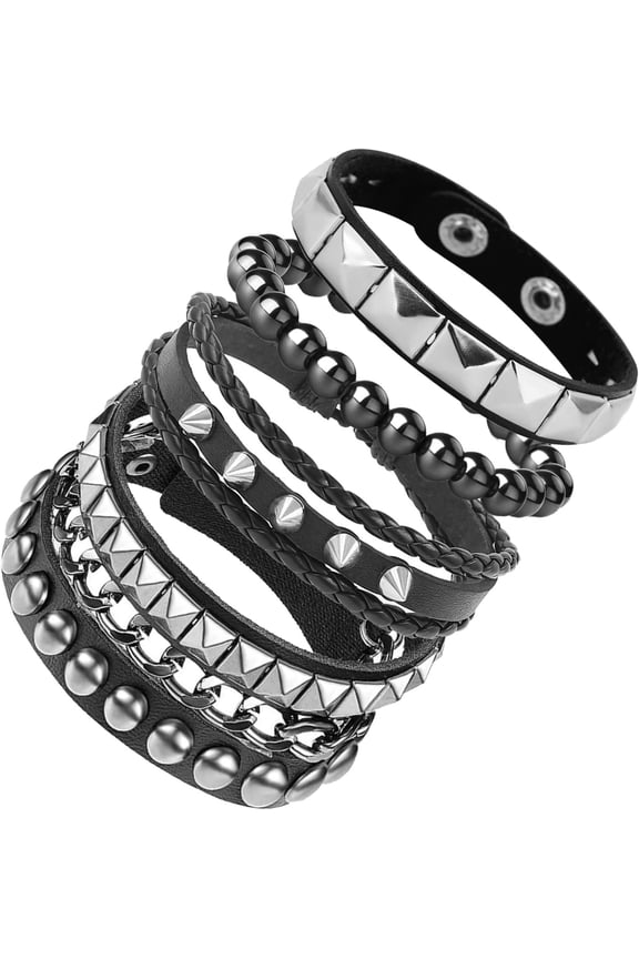 4 count Leather Studded Bracelets for Women, Mens Spiked Punk Rock Grunge Cuff Wristbands Emo Accessories Set for 80s 90s Outfits