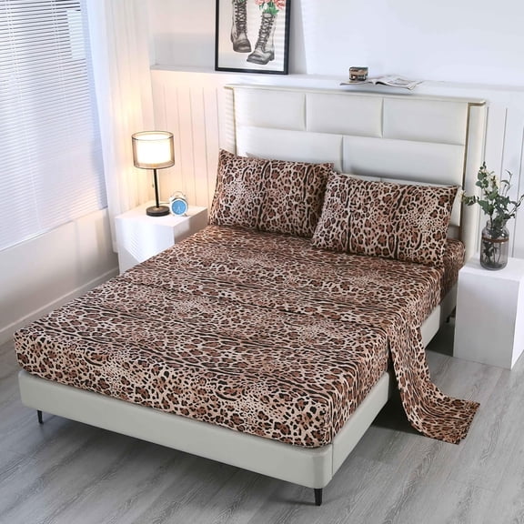 4 count Leopard Bedding Sheets Size Print Sheet Set Included 1 Fitted Sheet with 14'' Deep Pocket + 1 Top Flat Sheet + 2 Pillowcases for Teens Adults (Leopard,)