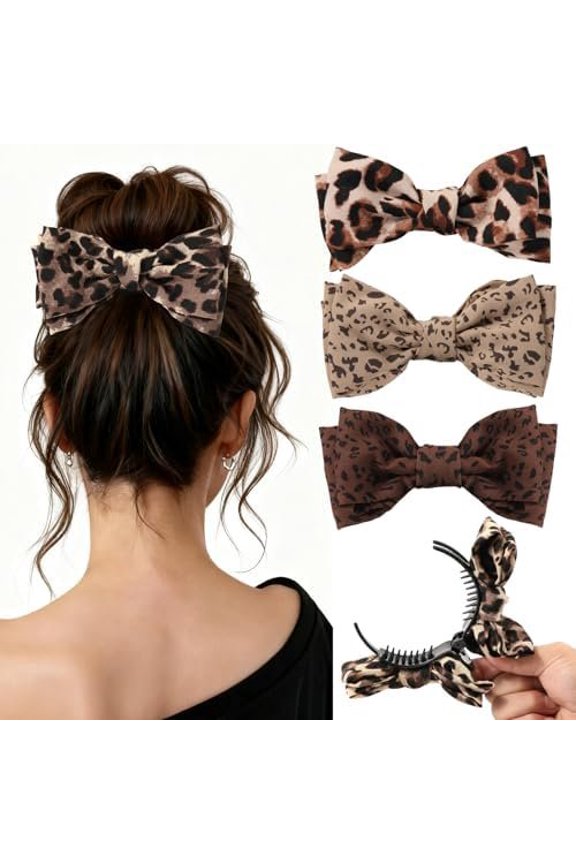 4 count Leopard Print Bow Claws Clips for Women - Decorative Bowknot Hair Clips for Ponytails/Half-Updo/Bun, Elegant Polyester Bow Hair Clips