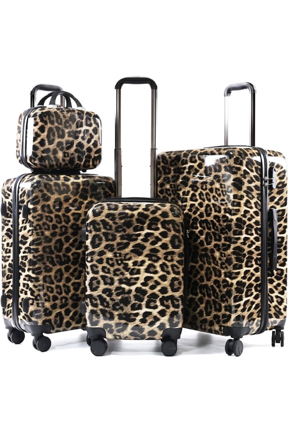 4 count Leopard Print Luggage Set -  Print Hard Shell Suitcases with Spinner Wheels,  Print Rolling Luggage for Travel (14" + 20" + 24" + 28")