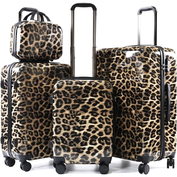 4 count Leopard Print Luggage Set - Print Hard Shell Suitcases with Spinner Wheels, Print Rolling Luggage for Travel (14" + 20" + 24" + 28")
