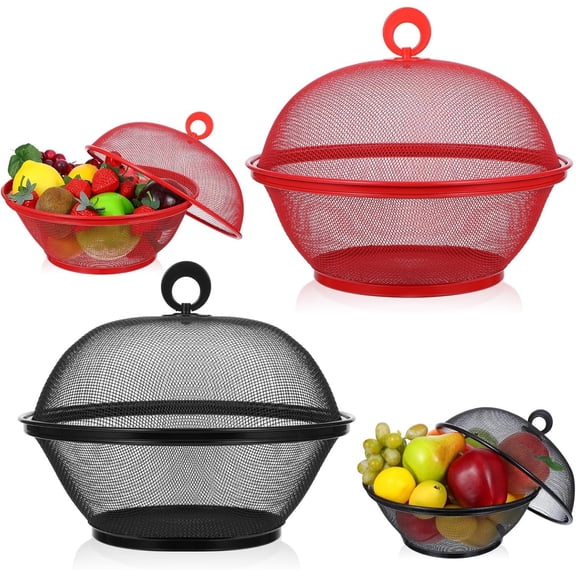 4 count Mesh  Cover with Lid, 10 Inch Iron Fruit Basket Fly Proof Strainer, Black and Red Metal Wire Container for Kitchen Countertop, Restaurant, Fruit Vegetable Storage