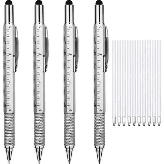 4 count Pen for Men 6 in 1 Multitool Pen with Ruler Level Refills Stylus Cool Gadgets Tool for Dad Husband Birthday Anniversary Christmas Graduation ()