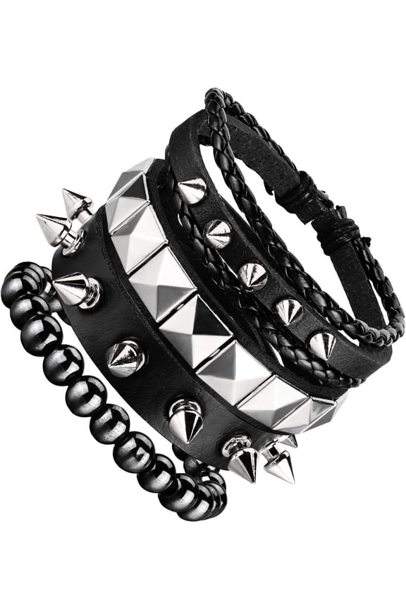 4 count Punk Rock Leather Studded Bracelets for Men Women 80s Gothic Spike Cuff Bracelet Set Emo Accessories for Rocker Outfits