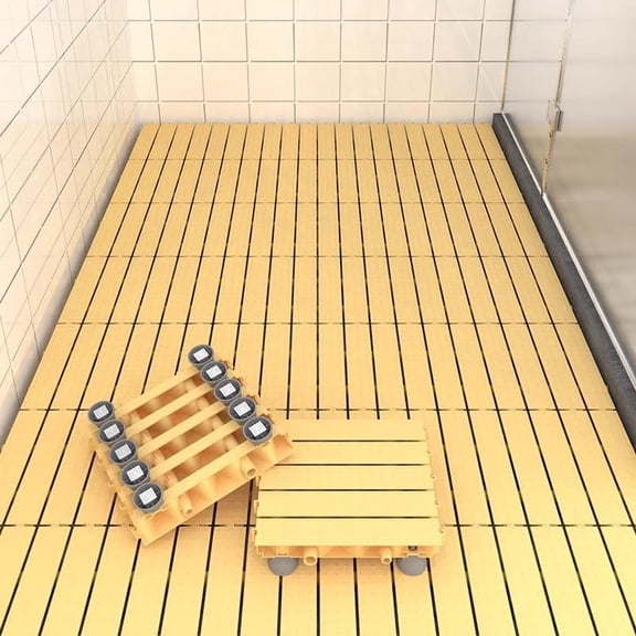 4 count Raised Shower Mat Bathtub Non Slip Square Bath Mat Stand Up, Plastic Interlocking Deck Tiles for Inside, Portable Bathroom Floor Shower Textured Surface (Yellow, 9.6x9.6x1.6 in)