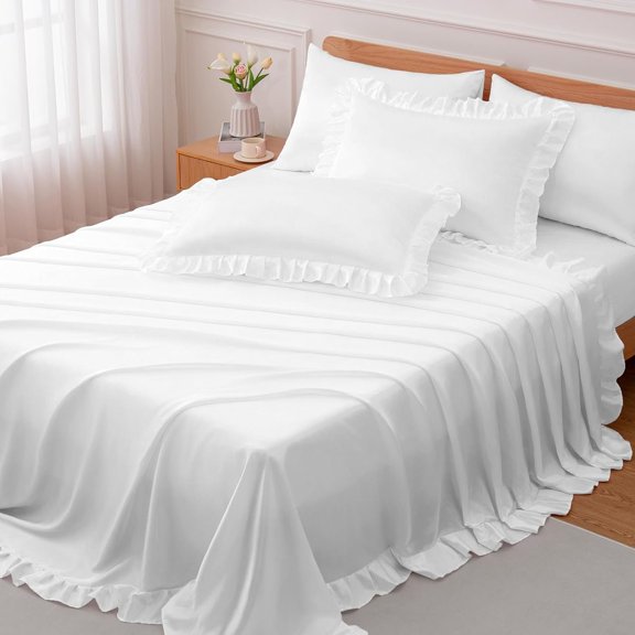 4 count Ruffle Satin Sheets Size, White Satin Bed Sheet Set, Soft Silk Like Bed Set with 16 Inches Deep Pocket Fitted Sheet, 1 Ruffled Flat Sheet, and 2 Ruffled Pillow Cases 20x30 Inch