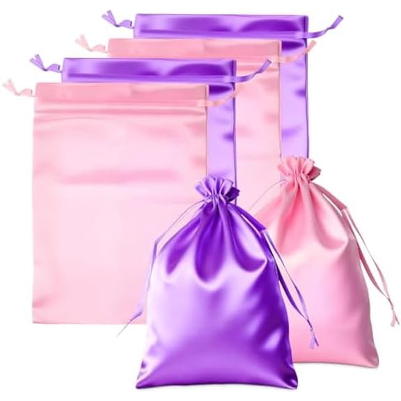 4 count Satin Wig Bags with Drawstring, Purple & Silk Hair Storage Bags for Multiple Wigs, Hair Extensions, Weave and Braids (2 Purple + 2 )