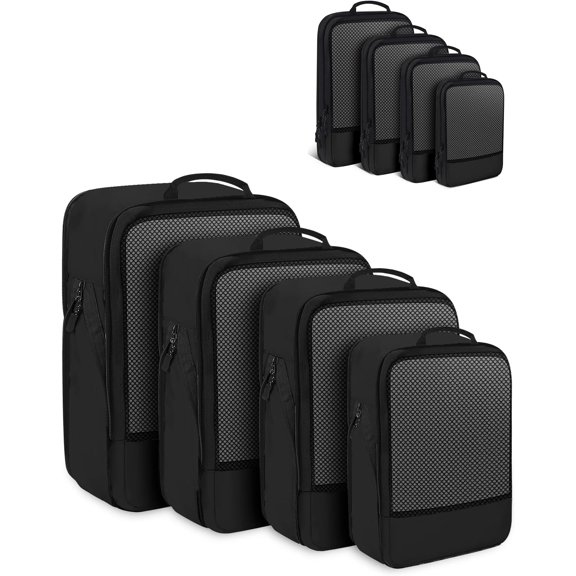 4 count Set Compression Packing Cubes for Travel, Lightweight Packaging Organizer Bags for Carry Space Saving, Travel Essentials Cubes for Suitcase Backpack, Black