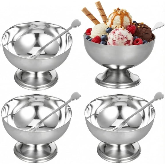 4 count Stainless Steel Dessert Bowls, Ice Cream Cups 9oz Footed Dessert Cups Mini Desserts Bowls for Sundae Parfait Yogurt Pudding Cake Salad Snacks Kitchen Party Use, Dishwasher Safety
