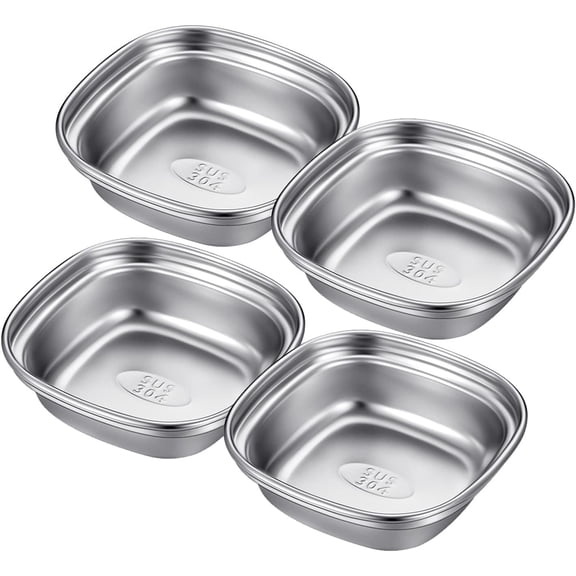 4 count Stainless Steel Square Single Grids Seasoning Dish Snack Plate Divided Dipping Bowl Appetizer Serving Tray for Appetizer, Snacks, Sushi Sauce, Party Dinner ()