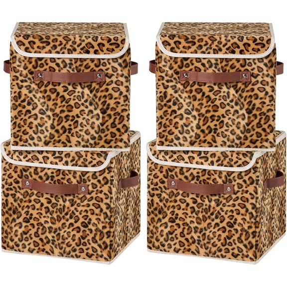 4 count Storage Cubes with Flip-top Lid 11 Inch Leopard Print Fabric Cute Decorative Storage Bins Boxes PU Leather Handles Closet Organizer Container Foldable Washable Shelf Basket