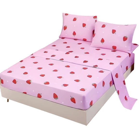 4 count Strawberry Bedding Sheets, Size Red and Strawberry Print Sheet Set with 1 Kawaii Top Flat Sheet + 1 Deep Pocket Fitted Sheet + 2 Pillowcases for Teen Girls