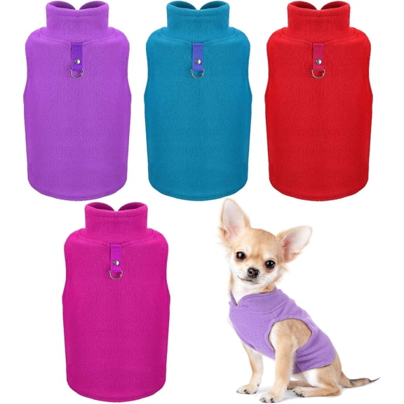 4 count Stretch Fleece Sweater Polyester Warmer Vest Pullover Jacket with D-Ring Leash Cold Weather Coat Hoodie for Small and Medium Dogs(L,Purple, Blue, Rose, Red)