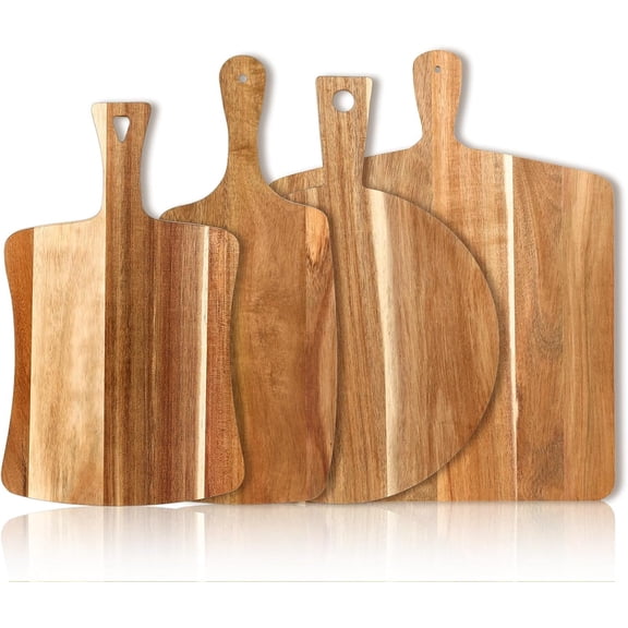 4 count Thick Acacia Board with Handle, Sizes Large Wooden Charcuterie Boards Set Serving Tray for Cheese, Meat, Pizza, Vegetables, Bread, Kitchen Counter, Dining Room