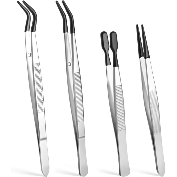 4 count Tweezers with Rubber PVC Coated Set Tip Tweezers Coated Flat and Bent Forceps for Lab Industrial Crafting, , Electronics, and Lab Work