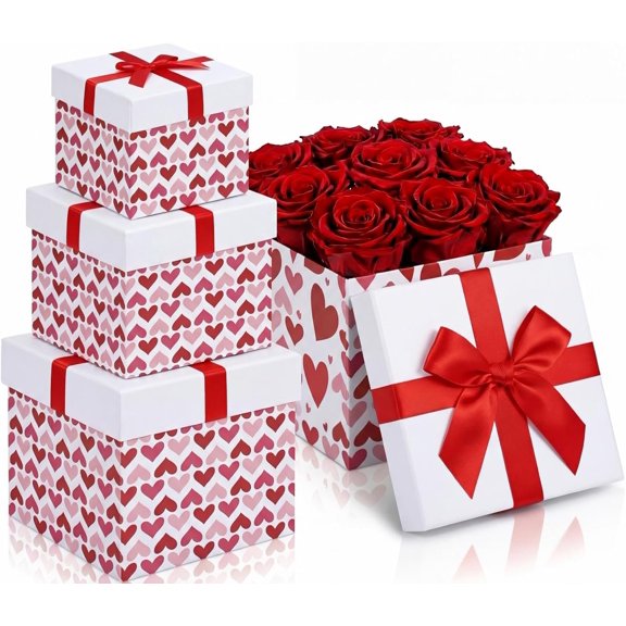 4 count Valentine's Day Nesting  Boxes with  Black Red Hearts Stacking Square Box Gifts Presents Wrapping Birthday Wedding Party Decor Assorted Sizes(Heart)