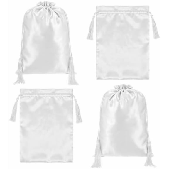 4 count Wig Storage Bags,Satin Wig Bag with Drawstring Tassel Silk Hair Bag Wigs Storage for Multiple Wigs,,Hair Extensions (White)