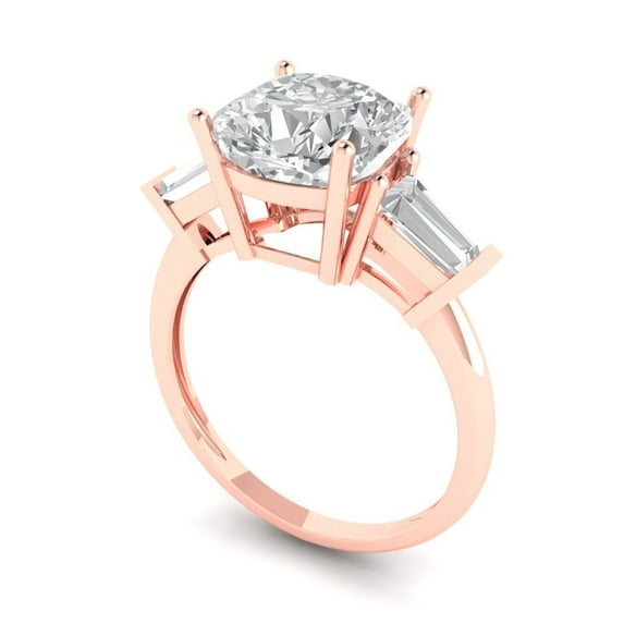 4 ct Emerald Cut Clear Crystal 18k White Gold Engraving Statement Bridal Wedding Three-Stone Designer Ring Size 4.25