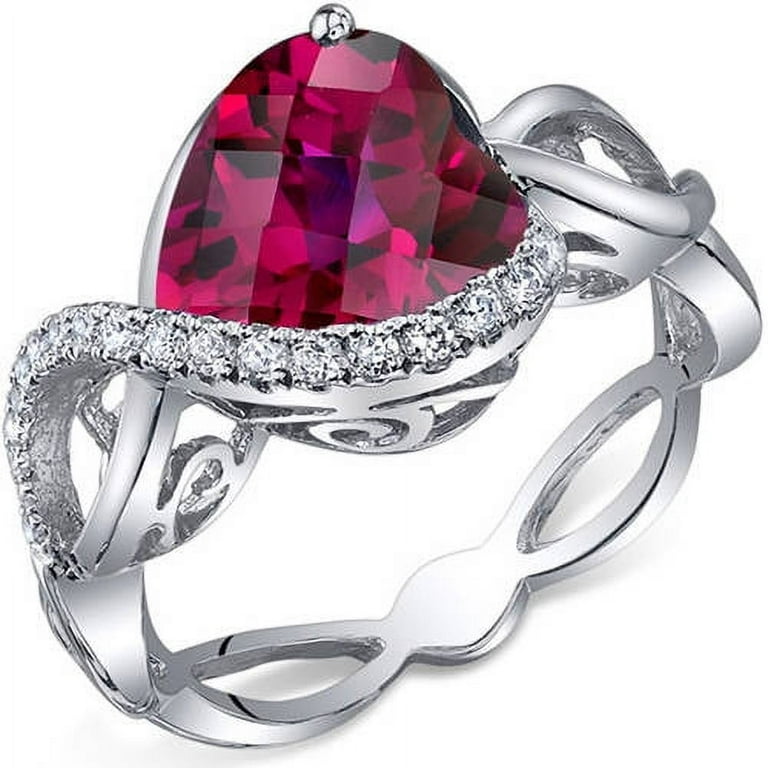 Sterling Silver Created Ruby Heart & CZ Ring