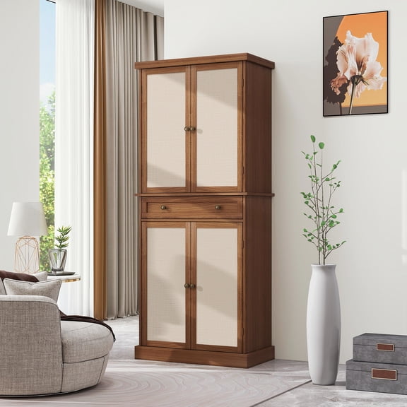 4-door Cabinet With 1 Drawer, 210-pound Load Capacity, Engineered , , Use, Sun-, Scratch- Craft, Adjustable Inner Shelves, Metal Hinge 180 Degree Open, Toppling, Walnut-shaded, Particle Board