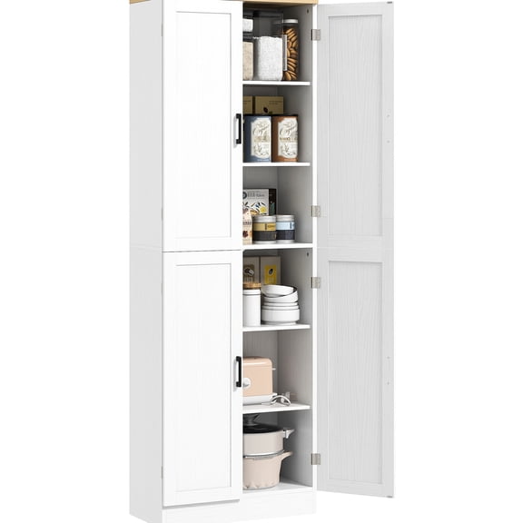 4-door Kitchen Storage Cabinet, 67" Freestanding Pantry With Adjustable Shelves, Distressed White Style Pantry, For Functional