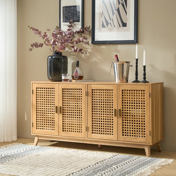 4-door Modern Storage Sideboard with Adjustable Shelf Latticwork Door Cabinet for Living Room Walnut