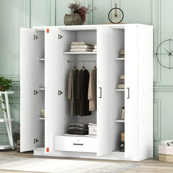 4-door Wardrobe With 1 Drawer, White - Fit For Small Bedrooms Bedroom In Lockable Drawer Security