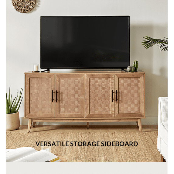 4-door Wooden Storage Sideboard with Metal Handle Adjustable Feet Cabinet for Living Room Walnut