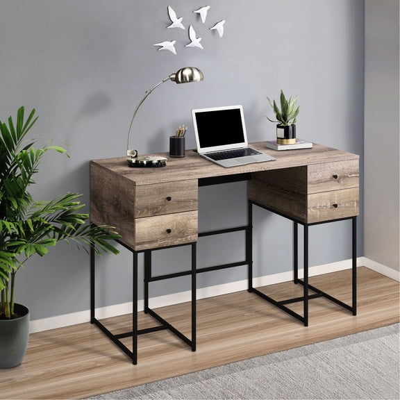 4-drawer Rectangular Office Desk / Rustic Aesthetic and USB Charging