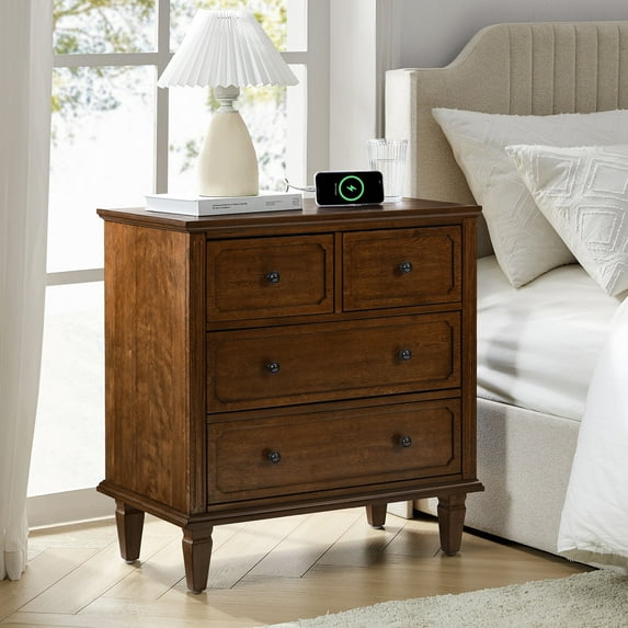 4-drawer Sideboard with Charging Station Built-in Divider Tray Nightstand for Apartment Walnut