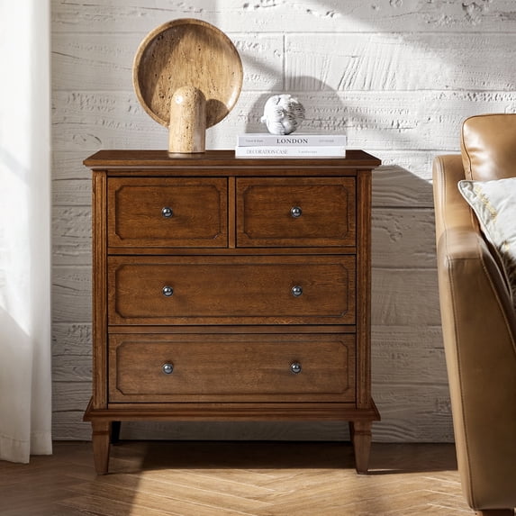 Tina's Home 30"W 4-Drawer Sideboard Cabinet with Charging Station, Wood Organizer Cabinet for Living Room, Entryway, Apartment, Walnut Finish