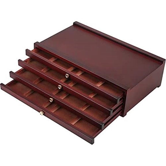4-drawer Wood Artist Supply Storage Box, Portable Beechwood Multifunctional Pencil Brush Organizer Wood Box with Drawer&Compartments for Pastels, Pencils, Pens, Makeup Brushes(Deep Walnut)