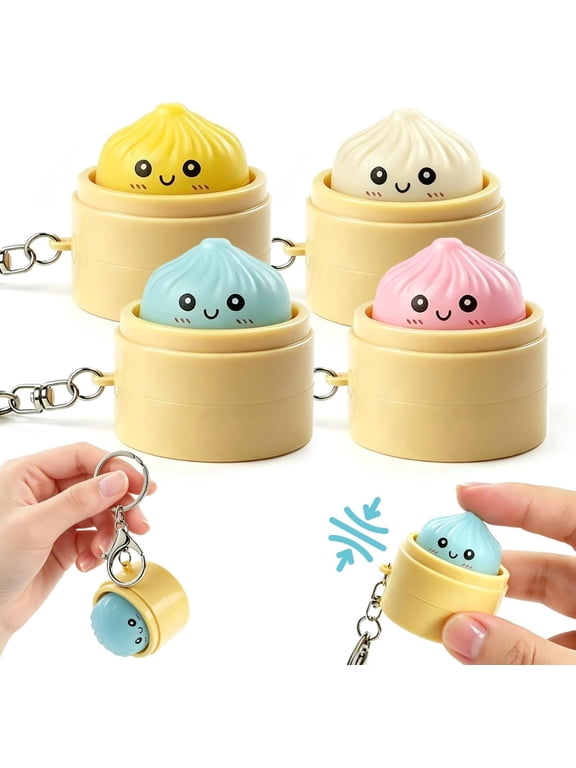 4 dumpling clicker keychains with funny faces, portable fidget for kids adults.