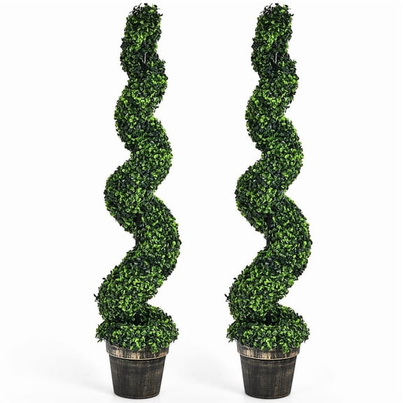 4 ft Artificial Boxwood Spiral Topiary Tree with Retro Planter, UV Resistant Fake Plant Faux Boxwood Plant for Indoor Outdoor, 2 PCS