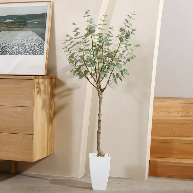 4 ft Artificial Eucalyptus Plants in White Tower Planter with Realistic