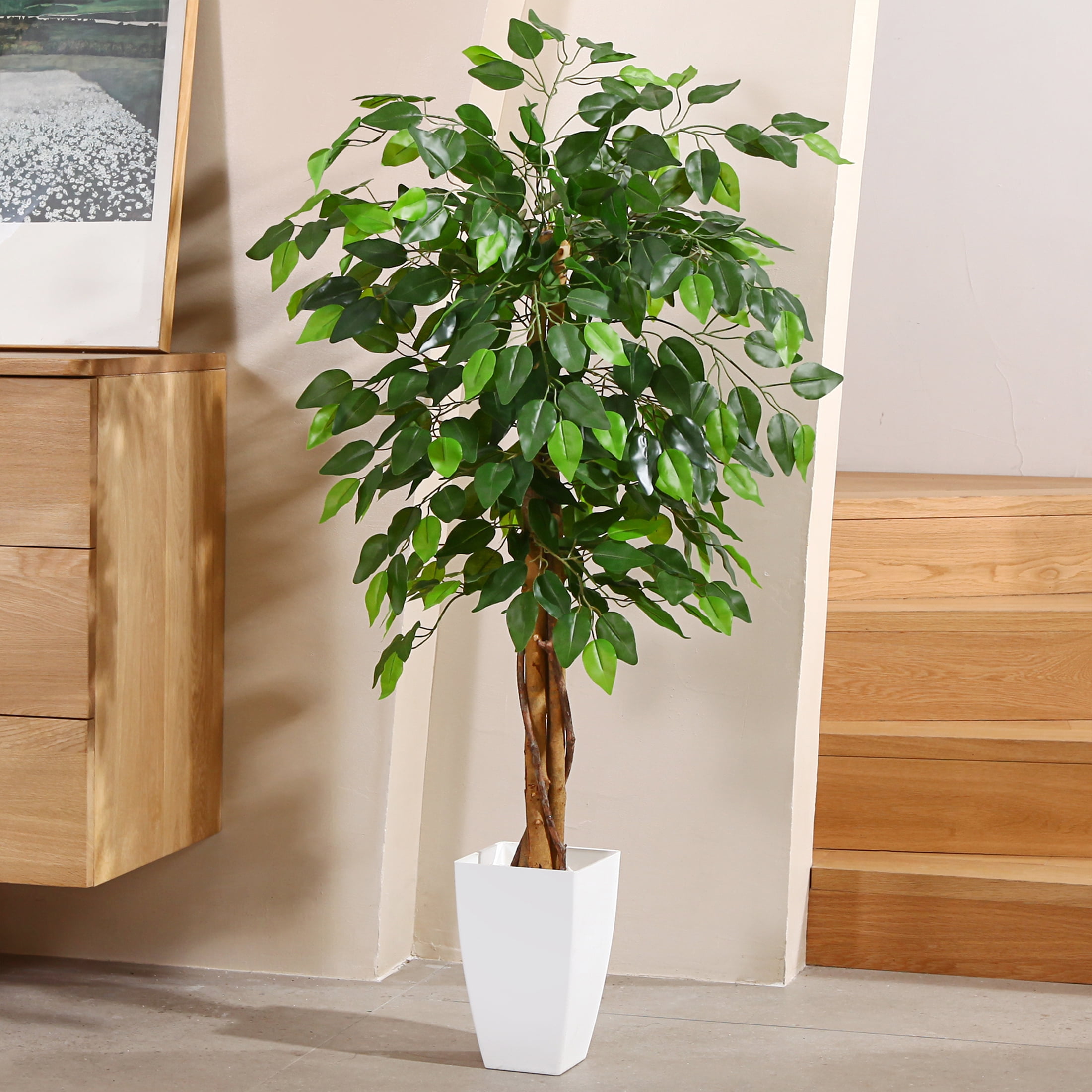 4 ft Artificial Ficus Plants in White Tower Planter with Realistic Leaves  and Natural Trunk, Silk Fake Ficus Tree with Plastic Nursery Pot, Faux Ficus  Tree for Office Home Farmhouse 