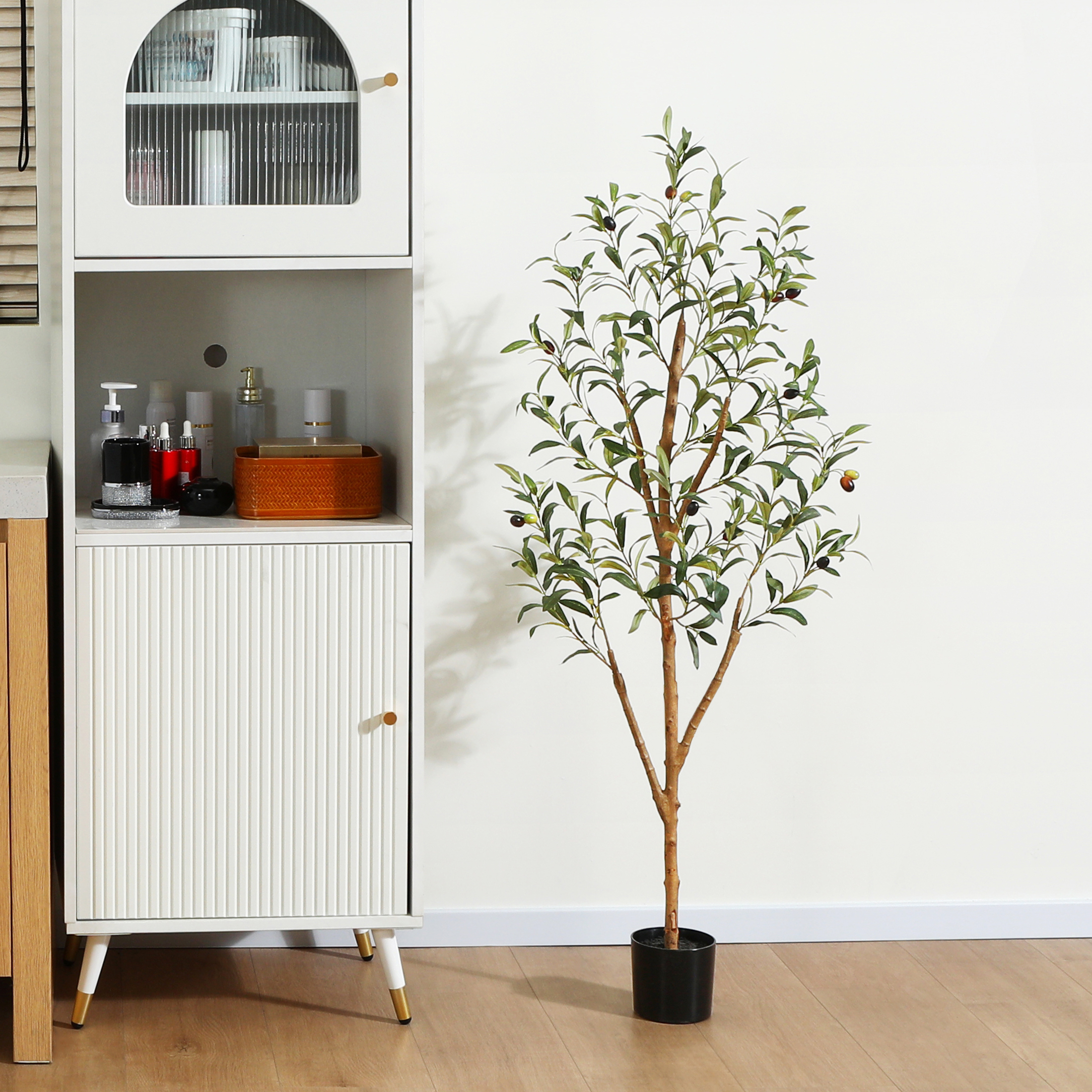 4 ft Artificial Olive Plants with Realistic Leaves and Natural Trunk, Silk Fake Potted Tree with Wood Branches and Fruits, Faux Olive Tree for Office Home - image 1 of 8