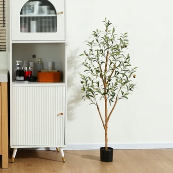 4 ft Artificial Olive Plants with Realistic Leaves and Natural Trunk, Silk Fake Potted Tree with Wood Branches and Fruits, Faux Olive Tree for Office Home