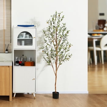 4 ft Artificial Olive Plants with Realistic Leaves and Natural Trunk, Silk Fake Potted Tree with Wood Branches and Fruits, Faux Olive Tree for Office Home