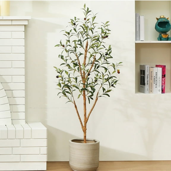 4 ft Artificial Olive Plants with Realistic Leaves and Natural Trunk, Silk Fake Olive Tree in Black Plastic Pot, Faux Olive Tree for Office Home