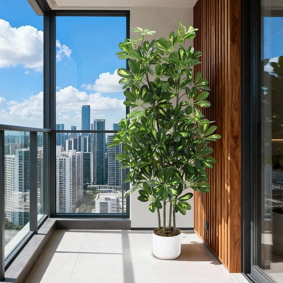 4 ft Artificial Schefflera Umbrella Tree in White Pot