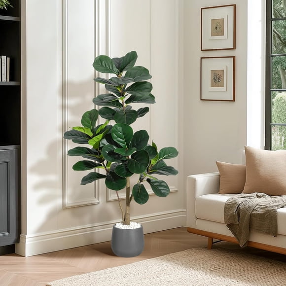 4 ft Fiddle Leaf Fig Tree Artificial with 48 Leaves - Realistic Faux Ficus Lyrata Trees in 7.8 in Grey Planter Pot, Indoor Fake Floor Plants for Home Office Living Room Decor, Housewarming Gift