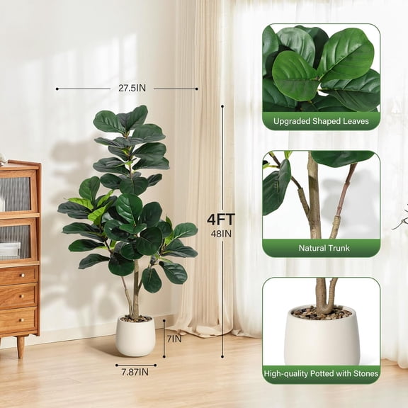 4 ft Fiddle Leaf Fig Tree Artificial with 48 Leaves - Realistic Faux Ficus Lyrata Trees in 7.8 in White Planter Pot, Indoor Fake Floor Plants for Home Office Living Room Decor, Housewarming Gift