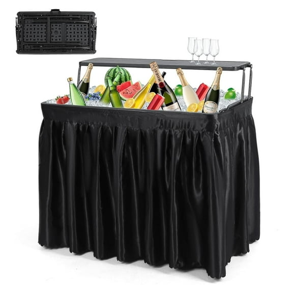 4 ft Folding Ice Table, Party Cooler, Cooler Table, Tables with Drain, Party Tables, with Matching Skirt, Storage Shelf (Black)