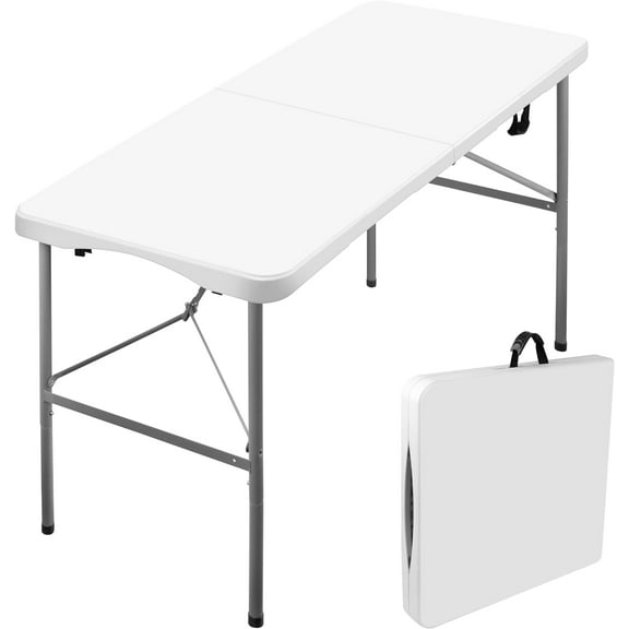 4 ft Folding Table, Foldable Dining Table, White Plastic Table, Lightweight Portable Table, Industrial Workbench for Board Game, Picnic, Camping with Handle, Locks - White