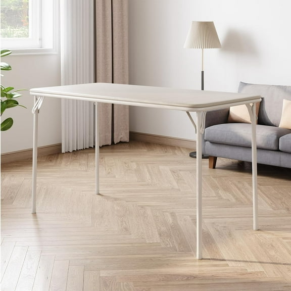 4 ft Folding Table Indoor Outdoor, Protable Foldable Card Table, Lockable Metal Legs Support, Upholstered PU Leather Tabletop, Heavy Duty for Picnic Parties Wedding BBQ Camping (Beige Desk)