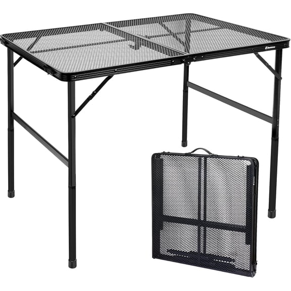 4ft Folding Table with Metal Mesh Desktop,Grill Table Camping Table with Carry Handle,Adjustable Height (16.5" & 26"),Outdoor Table for Camp, Cooking, BBQ, RV, Picnic,Fits 48 People,Black